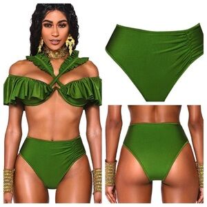 New! BFyne Kelcie Green High-Waisted Ruched Bikini Bottom 10611